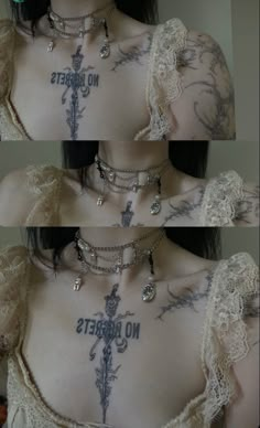 three pictures of a woman with tattoos on her chest and neck, both showing the words no roberts