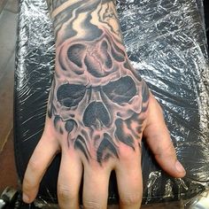 a man's hand with a skull tattoo on it