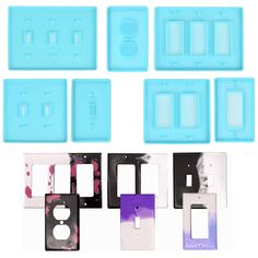 six plastic switchplates and covers are shown in different colors, shapes and sizes