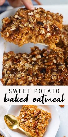 homemade sweet potato baked oatmeal bars on a white plate with gold spoons