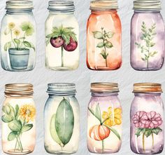 watercolor mason jars with flowers and plants painted on the lids, all in different colors