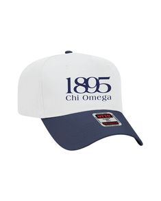 a white and blue hat with the words, 1989 chi omega written on it