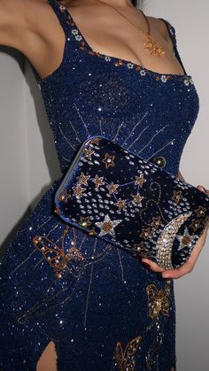 Midnight Blue Fashion, Taylor Timinskas, Star Aesthetic Outfit, Luxury Outfits Aesthetic, Midnight Blue Outfit, Midnights Dress, Dark Blue Sparkly Dress, Midnight Blue Aesthetic, Midnight Outfit