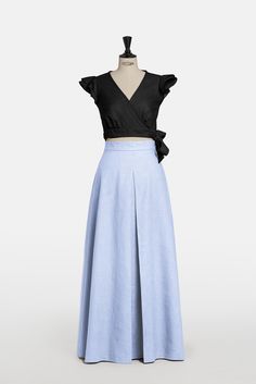 Long linen skirt with pockets and high waistband in light blue. The A-line skirt is a wide skirt perfect for special occasions. It has a nice pleat on the front. Skirt length: 110 centimeters; 43,3 inches Care recommendations: Cold water washing (no more than 30 degrees Celsius) is preferred, as well as machine washing in delicate mode. Use mild detergents. Don't use bleach. Do not tumble dry. Spring A-line Voluminous Maxi Skirt, Summer Voluminous Wide-leg Maxi Skirt, Spring Maxi Dress With Voluminous Flared Skirt, Relaxed Wide Leg Maxi Dress For Spring, Spring Maxi Dress With Relaxed Skirt And Wide Leg, Summer A-line Voluminous Maxi Skirt, Chic Blue A-line Maxi Skirt, Spring Pleated Wide-leg Maxi Dress, Spring Wide Leg Pleated Maxi Dress