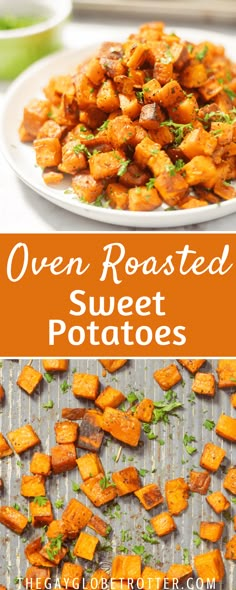 roasted sweet potatoes on a baking sheet with text overlay