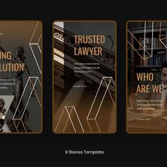 three brochures designed to look like they are in an art museum, with the words trusted law and who are we?