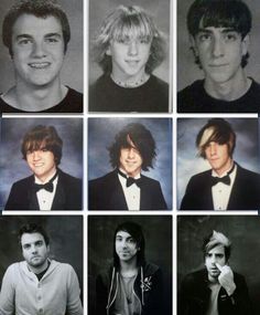 many different pictures of young men with long hair and wearing tuxedos, posing for the camera