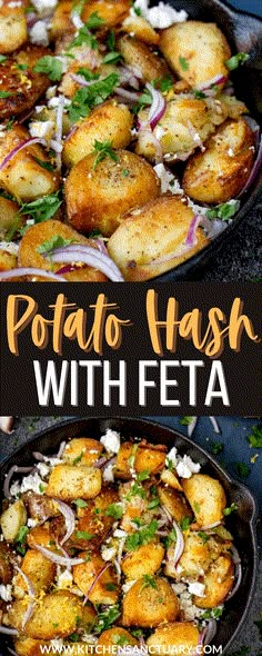 potato hash with feta in a skillet and topped with onions, parsley and cilantro