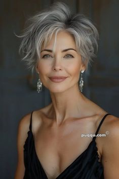 Short Curly Hairstyle Women Over 50 Grey Hair, Short Textured Gray Hair, Long Pixie Grey Hair, Short In The Front Long In The Back Hair, Rock Style Hair, Short Curly Gray Hair Over 50, Gray Hair Makeup, Short Gray Hair Over 50, Silver Hair Bob