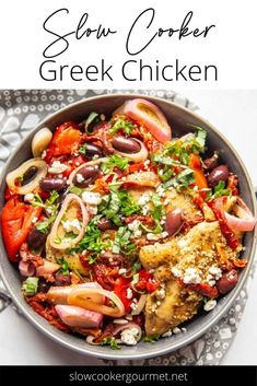 a bowl filled with meat and vegetables next to the words slow cooker greek chicken