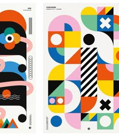 two posters designed to look like abstract art with geometric shapes and lines on the sides