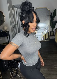 Updo Style With Bangs, Elegant Bob Hairstyles For Black Women, Messy Bun With Weave Black Women, Black Ponytail Hairstyles With Weave, Pin Up Curls For Black Women, Up Do Frontal Hairstyles, Up Do Hairstyles For Black Women, Messy Updo Black Women, Pin Curl Bun