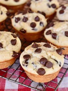 chocolate chip muffins cooling on a wire rack