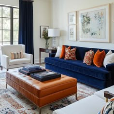 Blue Couch Orange Pillows, Navy And Terracotta Living Rooms, Blue And Rust Living Room Decor, Burnt Orange Living Room Ideas, Orange Living Room Ideas, Blue Sofa Decor, Cottage House Decor, Terracotta Living Room