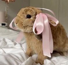 a stuffed animal with a pink ribbon on it's head sitting on a bed