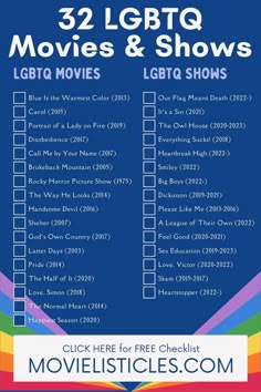 the 32 lgbt movies and shows list is shown on a blue background with rainbow stripes