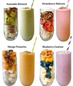 there are many different smoothies in the cups