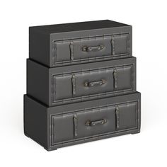 three chests stacked on top of each other in front of a white background with no one around them