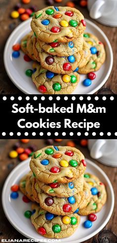 soft - baked m & m cookies recipe on a white plate with colorful candies