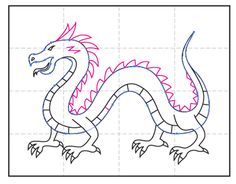 a drawing of a dragon with red and blue lines