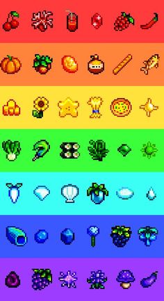 an image of pixel style icons in different colors