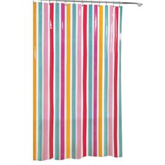 a shower curtain with multicolored stripes on the bottom and bottom, in front of a white background