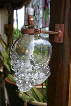 a glass skull hanging from the side of a door