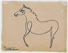 a black and white drawing of a horse on a beige paper with writing underneath it