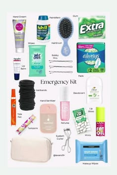 Girly Emergency Kit Back To School, School Hygiene Essentials, Emergency Kit For High School, School Care Bag, All School Supplies, What’s In My Emergency Bag For School, Emergency Bag For School Aesthetic, Essential School Bag, What To Out In Your School Bag