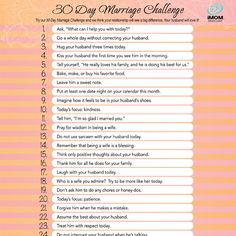 Take iMOM's 30 Day Marriage Challenge and commit to doing a little bit, each day, for a better marriage. 30 Day Marriage Challenge, Marriage Challenge, Marriage Help, Relationship Challenge, Good Marriage, Marriage Tips, Marriage And Family