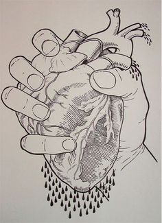 a black and white drawing of a human heart with drops of water coming out of it