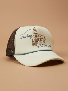 This trucker hat is a rugged accessory with a touch of Western flair, perfect for adding a hint of cowboy charm to your look. With its vintage-inspired design and adjustable fit, it's the ideal choice for those who embrace the spirit of the open road! Brown Trucker Hat With Patches, Cowgirl Trucker Hat, Cowboy Trucker Hat, Country Trucker Hats, Western Trucker Hat, Cowboy Like Me, Country Fits, Cute Cowgirl Outfits, Retro Hat