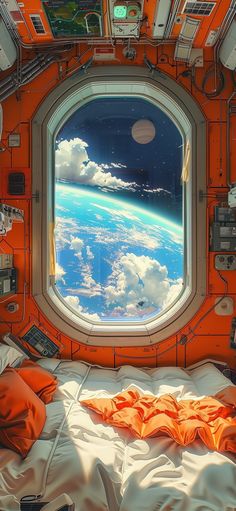 an astronaut's bedroom with a view of the earth through a window in space