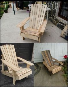 three different pictures of a wooden chair made out of pallets and wood planks