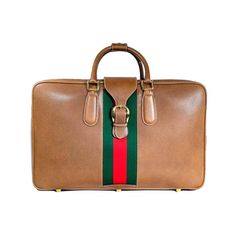 Gucci vintage brown leather luggage with iconic canvas red/green stripes motif, signed/carved golden metal hardware and keys and travel tag still with the Gucci label.. brand new and never used, always kept by the owner in a dustbag it remained perfect as you would expect it from the Gucci boutique at the time. part of a set of three luggages we will list, all of them brand new and with the same design but different sizes and shapes. 2 sizes available smaller: (adding shortly) larger: Another used set from the same collector will be listed for lower price, and that is evidently used instead, but will be for 1/2 the price of course. Designer Brown Luggage With Leather Trim, Brown Leather Trim Travel Bag For On-the-go, Designer Brown Travel Bag With Gold-tone Hardware, Luxury Vintage Brown Luggage, Pre-owned Brown Gucci Bag, Travel Tags, Leather Luggage, Vintage Brown, Green Stripes