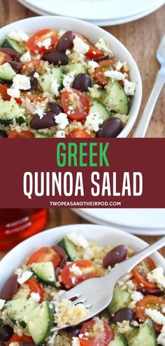 greek quinoa salad with black olives, tomatoes and cucumbers in a white bowl