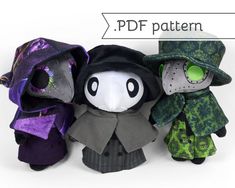 three stuffed animals dressed in halloween costumes and hats with text overlay that reads, pdf pattern