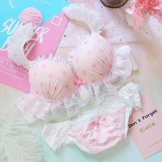 Pink Strawberry Underwear Suits PN2565 Pink Bra Aesthetic, Kawaii Strawberry, Asian Lingerie, Cotton Bras, Cute Lingerie, Comfortable Bras, Strawberry Print, Sweet Lolita, Pretty Lingerie