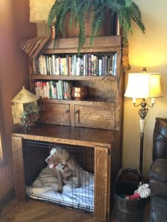 a dog is sitting in his cage under the bookshelf