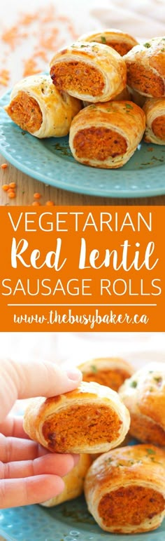 vegetable red lentil sausage rolls on a blue plate with text overlay that reads vegetarian red lentil sausage rolls