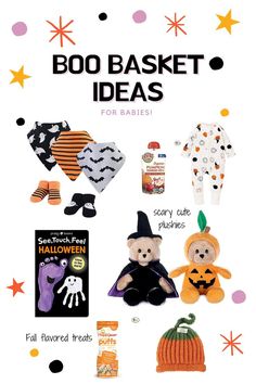 an advertisement for boo basket ideas with stuffed animals and other halloween items in the background