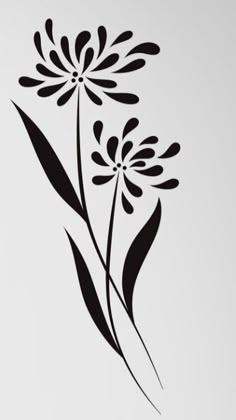 black and white flower stencil on a white wall with the words, flowers