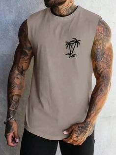 Grey Casual Collar Sleeveless Knitted Fabric Letter,Tropical,Plants  Embellished Slight Stretch  Men Clothing Mens Tank Tops Summer, Fabric Letters, Coconut Tree, Summer Tank, Beach Tops, Summer Tank Tops, Men's Knit, Summer Beach Wear, Casual Tank Tops