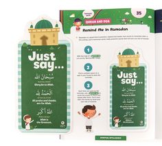 an open children's book with instructions on how to say just say in different languages