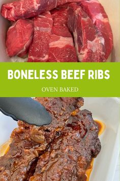 boneless beef ribs are cooked in the oven and served with brown sauce on top