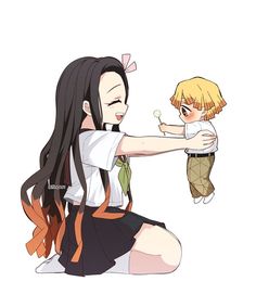 an anime character holding a baby in her arms and pointing it at the child's face