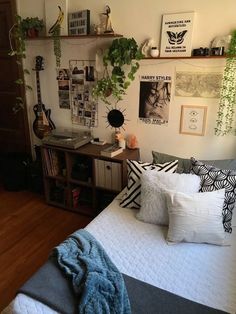 a bed sitting in a bedroom next to a wooden floor