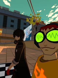 an animated image of two people with headphones and green eyes, walking down a city street