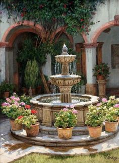 a painting of a fountain surrounded by potted plants and flowers in front of a building