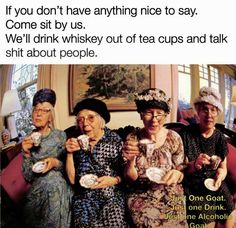 three women sitting next to each other while holding cups and saucers in their hands